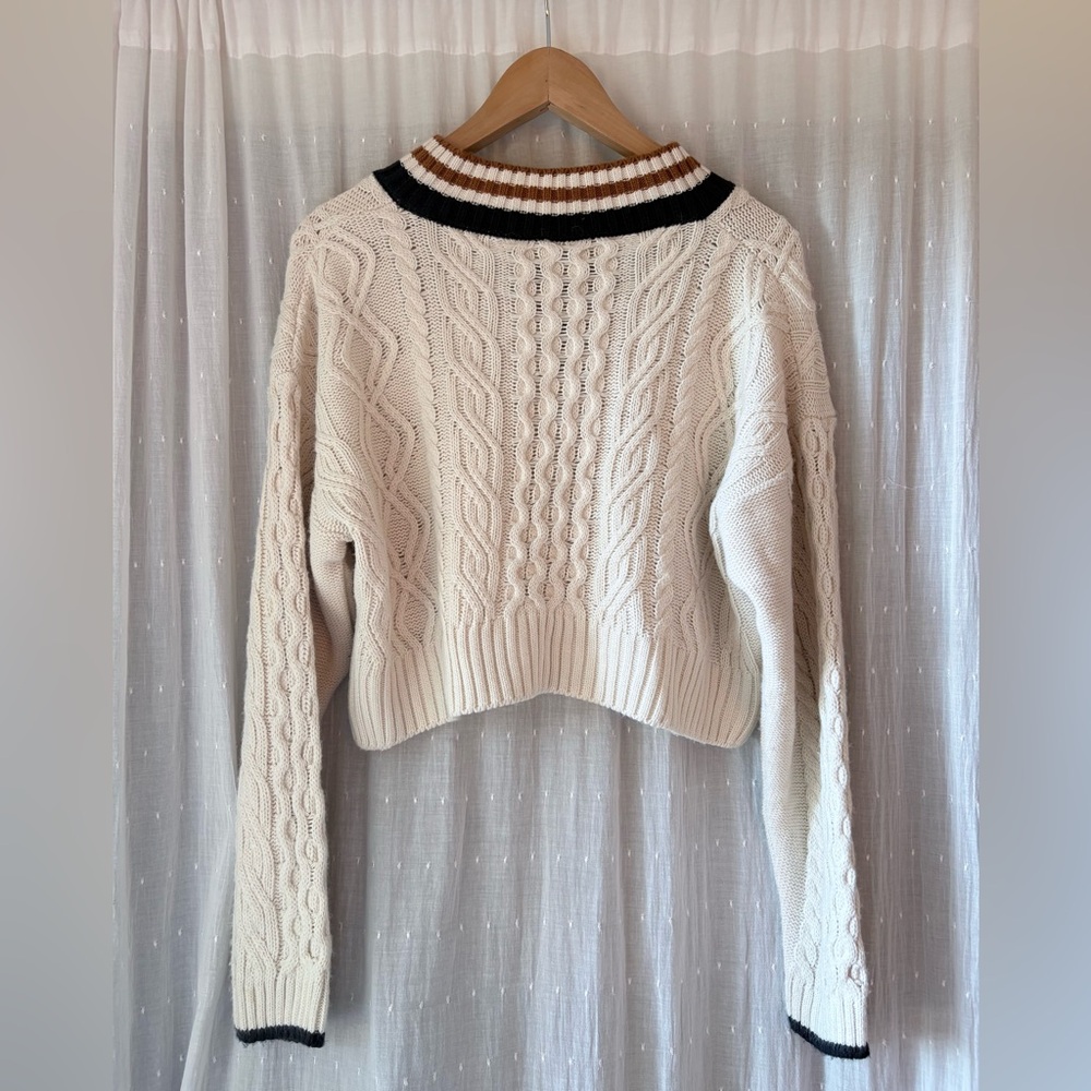 Topshop V-Neck Cable Knit Sweater - Cream and Brown - Picture 2 of 4